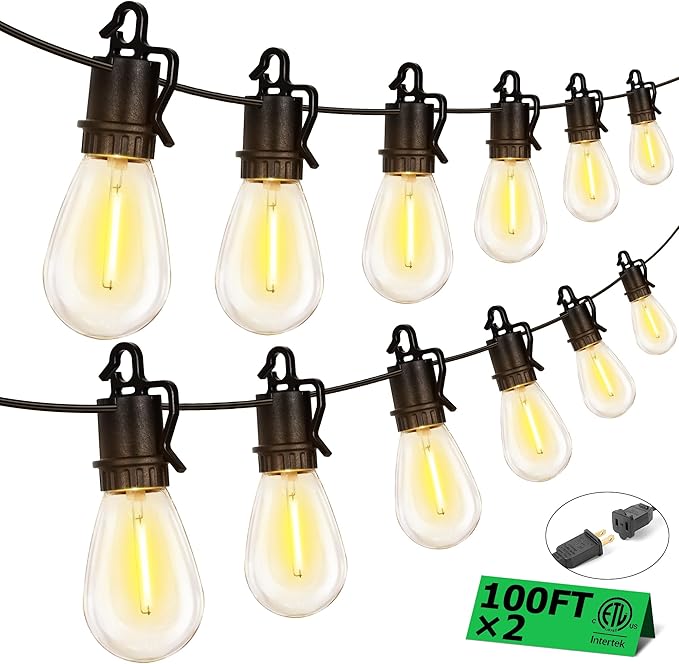 200FT Outdoor String Lights with 70 Shatterproof S14 Vintage Edison Bulbs E12 Sockets,2700K Dimmable Outdoor Lights,IP55 Waterproof LED String Lights for Outside, Patio, Garden, Backyard,Bistro