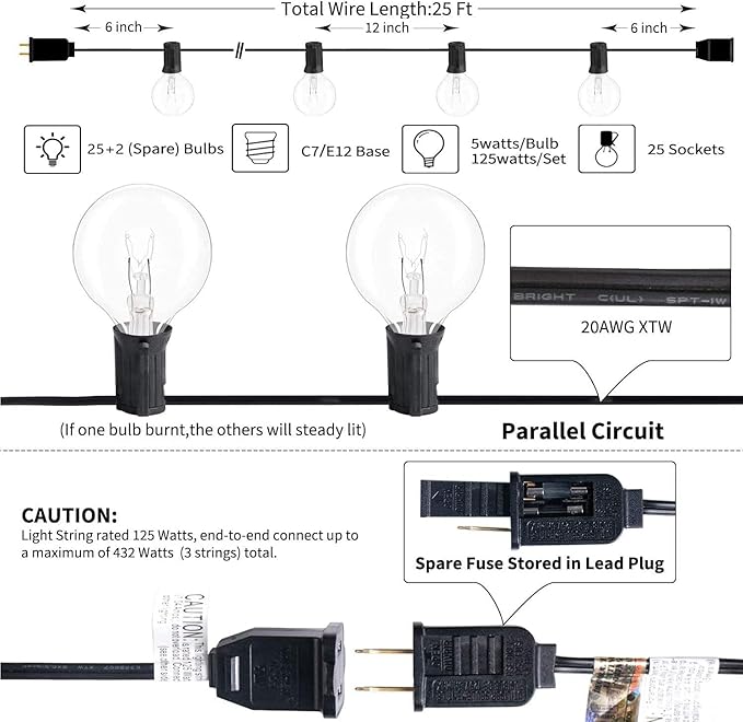 25ft Black Outdoor Edison String Lights, Weatherproof