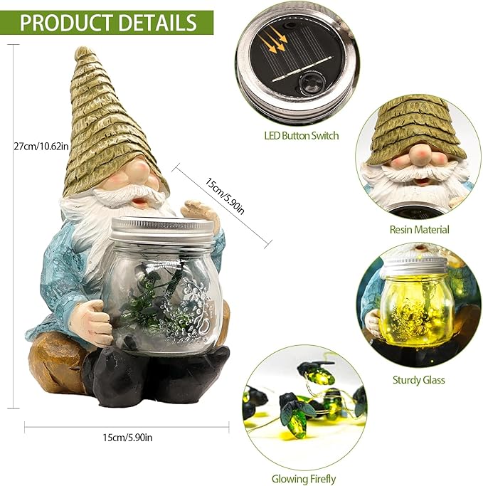 Solar Firefly Jar Gnome Waterproof - Large Garden Gnome Funny Solar Outdoor LED Lights Resin Statues 10.6" Lantern Figurines Decorations Birthday Housewarming Gifts for Mom Women