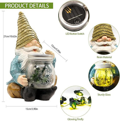 Solar Firefly Jar Gnome Waterproof - Large Garden Gnome Funny Solar Outdoor LED Lights Resin Statues 10.6" Lantern Figurines Decorations Birthday Housewarming Gifts for Mom Women