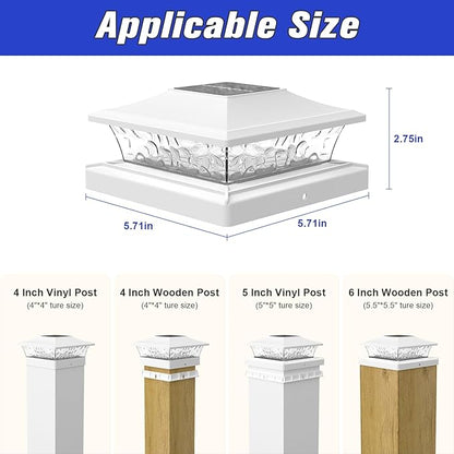 APONUO Solar Post Cap Lights 6 Pack for 4x4 5x5 6x6 Wood & Vinyl Fences - IP65 Waterproof, All-Night Auto On/Off, Warm/Cool White Light, Outdoor Deck Patio Garden (White)