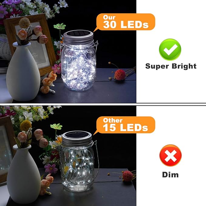 Mlambert Mason Jar Solar Lights 30 LEDs, 6 Pack Hanging Solar Lanterns Outdoor, Waterproof Fairy Lights Outdoor Lanterns for Patio Garden, Cool White