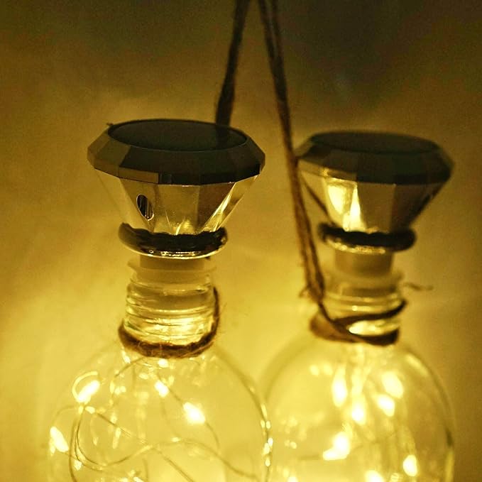 Solar Wine Bottle Lights, 10 Pack Diamond Cork Lights, 20 LED Outdoor Waterproof Fairy String Lights for Garden Wedding Patio (Warm White)