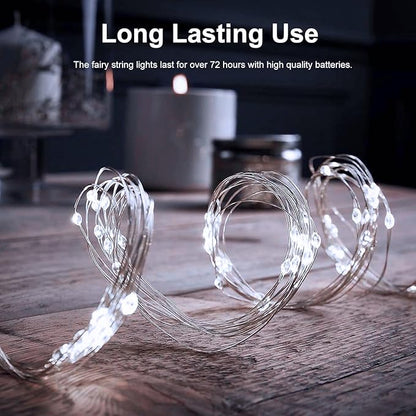 echosari 2 Pack Fairy Lights Battery Operated 100 LED 33Ft Silver Wire Christmas Lights Auto Timer 8 Modes Waterproof Mini String Lights for Indoor, Garden, Yard, Fence, Wedding Decor (Cool White)