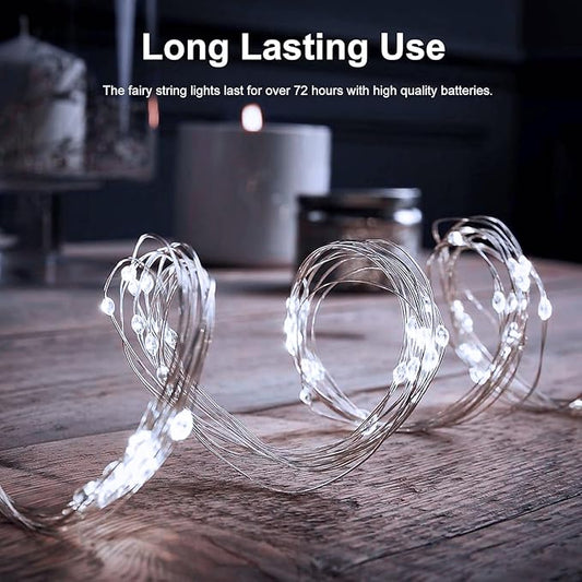 echosari 2 Pack Fairy Lights Battery Operated 100 LED 33Ft Silver Wire Christmas Lights Auto Timer 8 Modes Waterproof Mini String Lights for Indoor, Garden, Yard, Fence, Wedding Decor (Cool White)