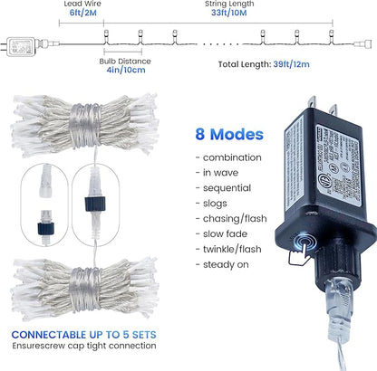 Hopolon Blue and White Christmas Lights Outdoor,33FT 100 Led Plug in Fairy String Lights Clear Wire,8 Modes Waterproof Christmas Tree Light for Indoor Outside Bedroom Party Wedding,100 LED,Blue White