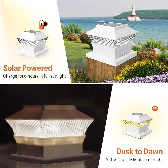 Classic Solar Post Cap Light for The Post of 3.5x3.5, 4x4, 5.5x5.5, 25 Lumens 3000K Warm White Filamemt LED, Outdoor Deck Fence Light, Waterproof, White, 2 Pack