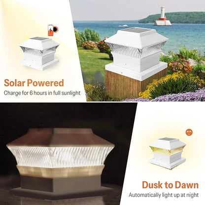 Classic Solar Post Cap Light for The Post of 3.5x3.5, 4x4, 5.5x5.5, 25 Lumens 3000K Warm White Filamemt LED, Outdoor Deck Fence Light, Waterproof, White, 2 Pack