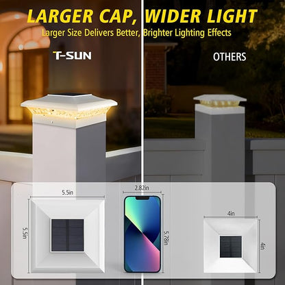 T-SUN 4x4 Post Cap Lights 6 Pack for Vinyl/Wooden Fence,Outdoor Waterproof Warm & Cool White, Deck Solar Post Lights for Patio Garden Yard Lighting