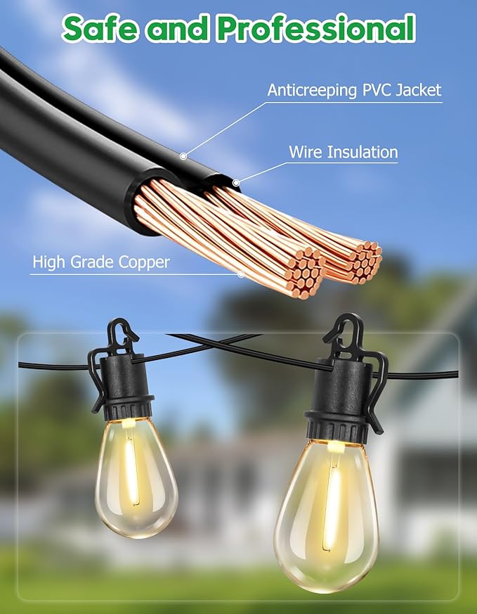 50FT Outdoor String Lights with 25 Shatterproof S14 Vintage Edison Bulbs E12 Sockets,2700K Dimmable Outdoor Lights,IP55 Waterproof LED String Lights for Outside, Patio, Garden, Backyard,Bistro