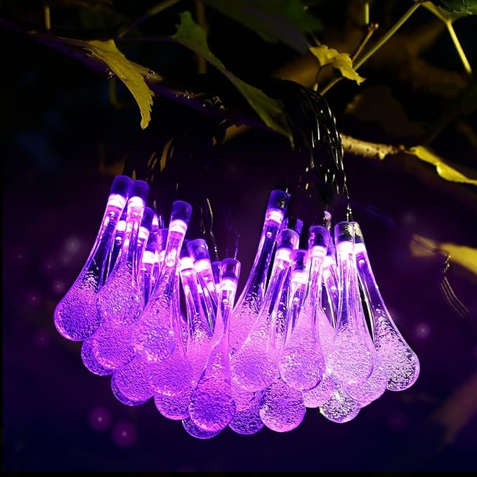 Solar String Light Outdoor Waterproof Solar Drop Lights,Water Drop Fairy Lights 13ft 20LEDs Solar Light with 8 Modes Solar Party Lights for Garden,Christmas Decorations (Purple)