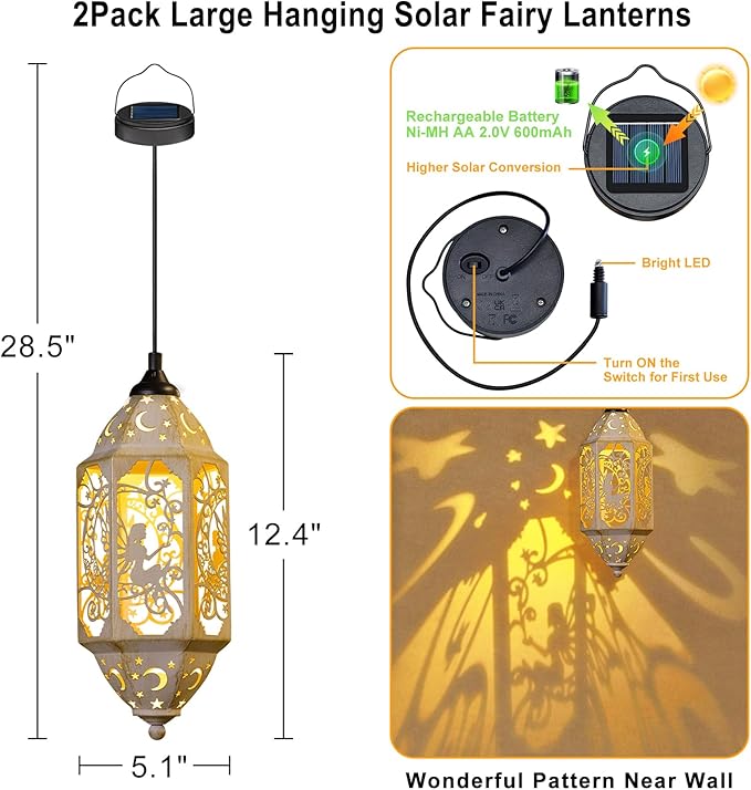 Big Outdoor Solar Lanterns Waterproof Garden Gifts for Women Mom Fairy Moon 12.4‘’ Metal Garden Lanterns Hanging Light for Patio Backyard Decorations, Mothers Day Birthday Gifts (Gold White,2Pack)