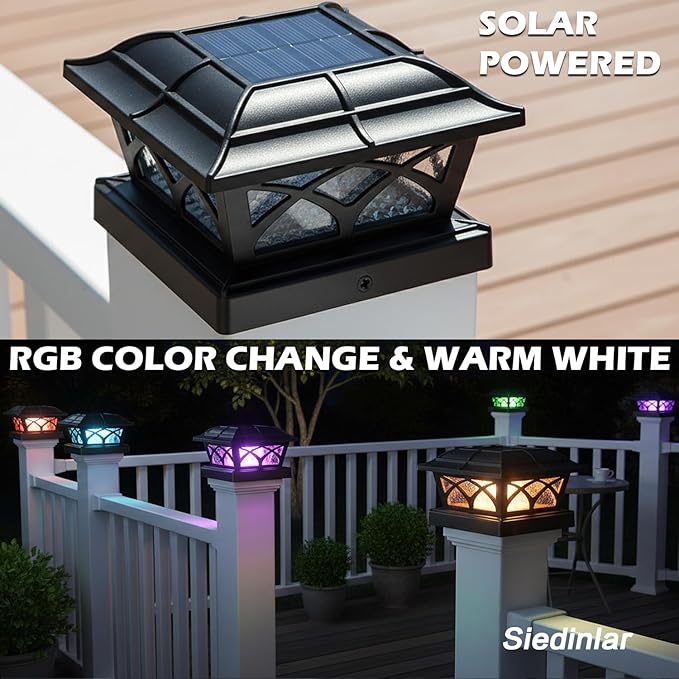 SIEDiNLAR Solar Post Cap Lights Outdoor Glass 2 Color Modes for 4x4 5x5 6x6 Wooden Vinyl Posts Fence Deck Patio Decoration RGB Color Changing/Warm White Lighting Black (4 Pack)