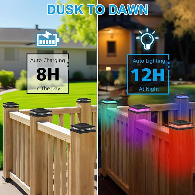 Solar Post Cap Lights Outdoor with RGB Color Changing - 6 Pack Black Fence Post Solar Powered Lights IP65 Waterproof Fits for 5x5 5.5x5.5 6x6 Wood & Vinyl Posts, Decorating Yard Deck Fence Patio