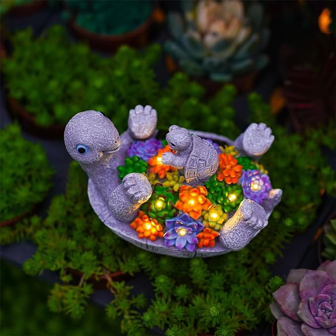 Solar Turtle Figurines Garden Decor, Cute Turtle Statue with Baby with 7 LED Solar Lights Garden Lawn Decorations for Patio & Yard, Gifts for Mom, Gery