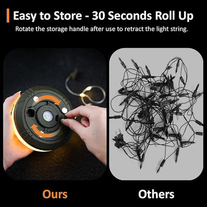 Camping String Lights, 4 in 1 Portable Camping Light Rechargeable, 8 Lighting Modes, USB Charging, Quick Storage, 32.8FT Waterproof Tent Lights String for Camping, Hiking, Yard, Christmas