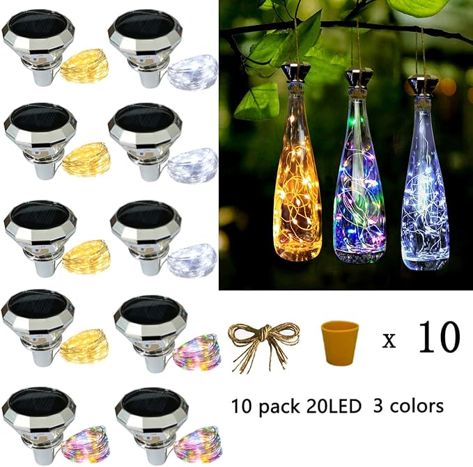 Starry Love Solar Diamond Wine Bottle Lights 10 Pack 20LED Outdoor Waterproof Multicolor Fairy Light String (3 Colors), Suitable for Most Wine Bottle Mouths, for Garden, Terrace, Party Decoration