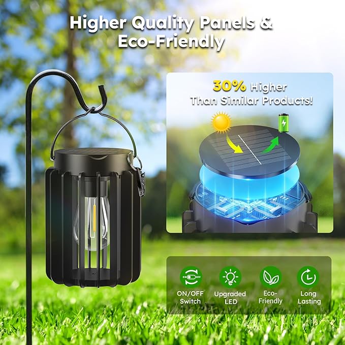 Solar Lanterns Outdoor Waterproof, Brighter Up to 12 Hrs Outdoor Hanging Solar Lights, Outside Hanging Lanterns for Garden Porch Patio Yard Decor, Gifts for Women Mom Father Black, 4 Pack