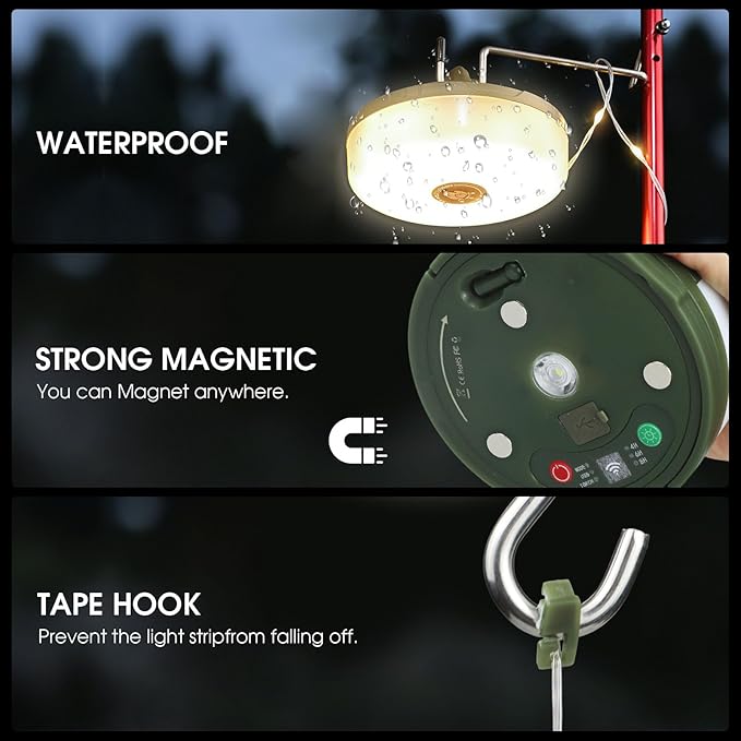 Camping String Lights with Remote Control, 4 in 1 Portable Camping Light Rechargeable, 14 Lighting Modes, USB Charging, Quick Storage, 32.8ft Waterproof Tent Light for Hiking, Yard, Christmas