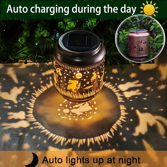 Rabbit Solar Lanterns Outdoor Waterproof Hanging,Garden Decor Metal Watering can Lights,Solar Lights Rabbit Gifts for Women Mom Decorative Lanterns for Patio,Lawn,Porch,Landscape,Pathway,Garden Deco
