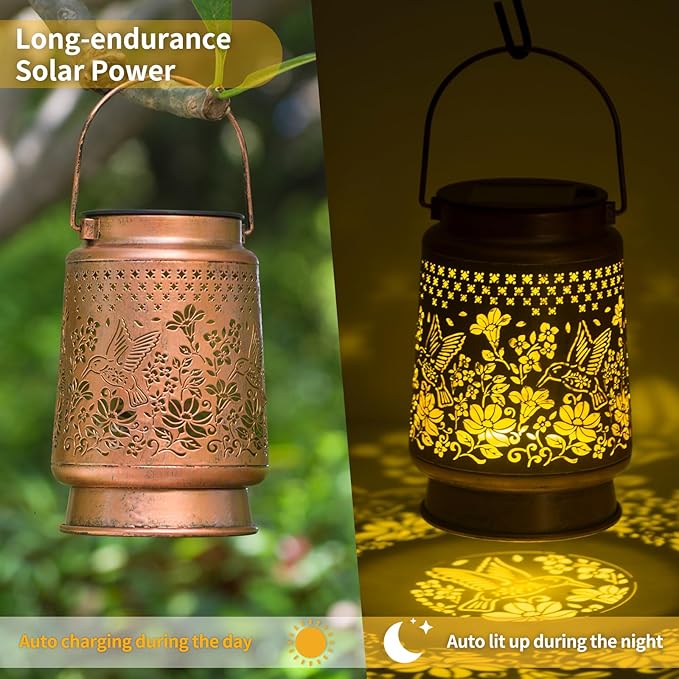 Hummingbird Solar Colorful Lanterns Outdoor Waterproof Hanging, Automatic Color Changing Light, Metal Decor Lanterns for Garden Patio Yard Lawn Backyard, Gifts for Women Mom Grandma