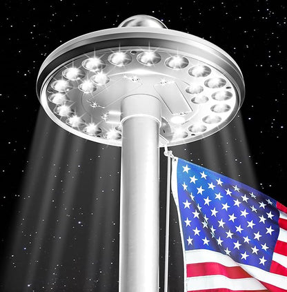 Deneve Deluxe Solar Powered Flagpole Lamp – Dusk to Dawn 12+ Hours, 26 LED, 1300 Lumen Outdoor Lighting for American Flag, Garden Decor, House Decor, 100% Coverage Silver Model