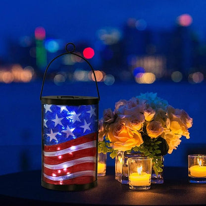 Afirst Solar Lantern Outdoor Hanging Glass Solar American Flag Lights Waterproof Led Lamp for Garden Yard Tree Desk Decor