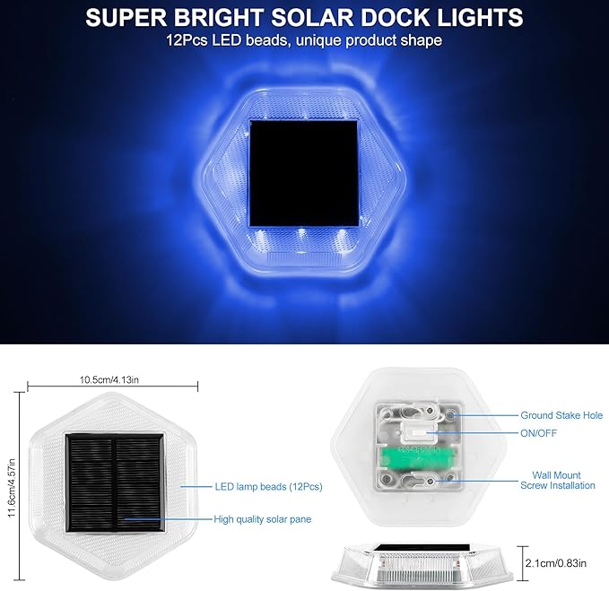 Solar Deck Lights Dock Step Lights- 12 Packs Waterproof 1200mAh Auto ON/Off LED Solor Powered Stair Lighting for Outdoor Garden, Patio, Pathway, Walkway, Driveway (Blue)