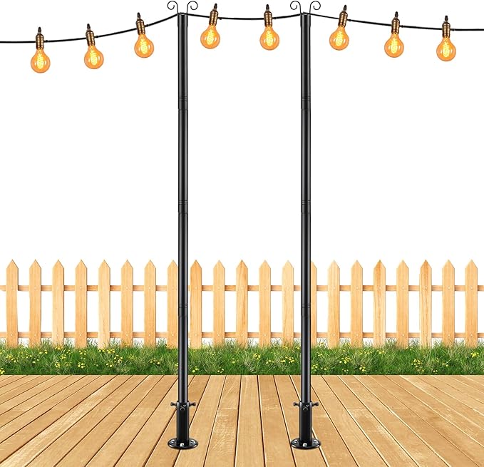 COCONUT String Light Poles for Ground, 8FT Heavy Duty Adjustable Metal Poles for Outdoor String Light Hanging with Flange Base, Backyard, Garden, Patio, for Party (2 Pcs)