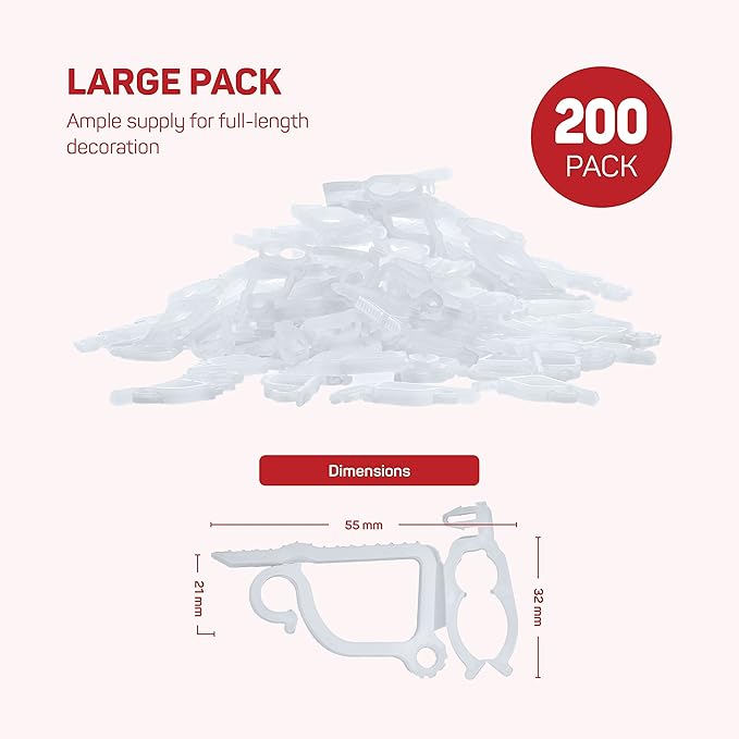 All-Purpose Holiday Light Clips [Set of 200] Christmas Clips, Outdoor Light Clips - Mount to Shingles & gutters - Works with Mini, C6, C7, C9, Rope, Icicle Lights - No Tools Required - USA Made
