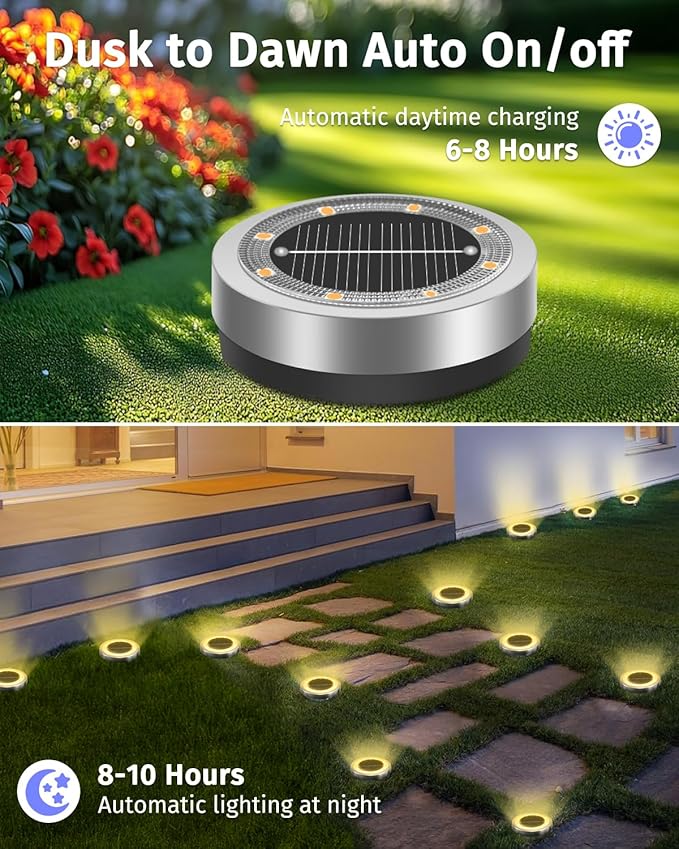 Mini Solar Ground Lights 2 Pack Outdoor IP65 Waterproof Solar Flat Garden Light Solor Powered Disc Pathway Lights for Outside Walkway Yard Landscape Patio Lawn Driveway-Warm White