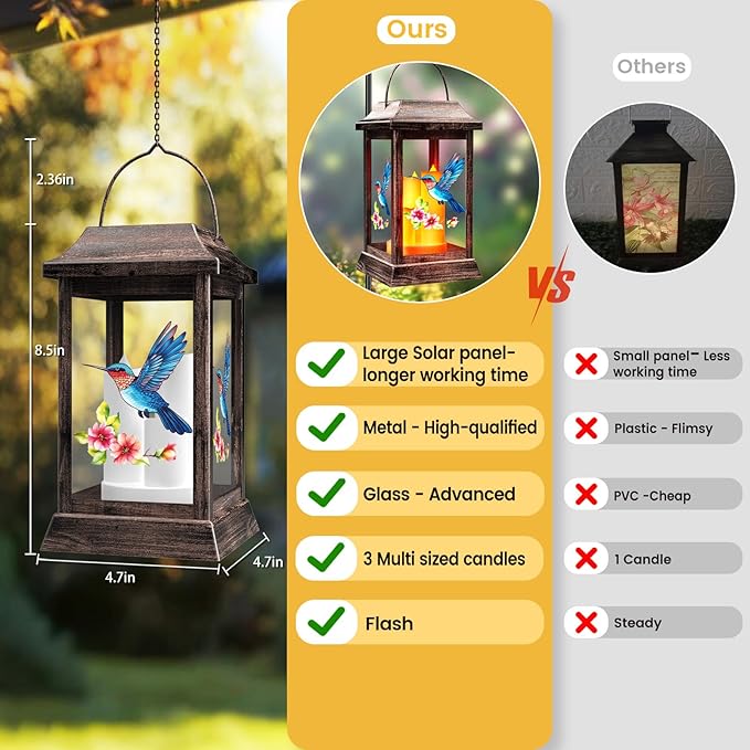 Hummingbird Solar Lanterns Outdoor, Metal Glass Hanging Solar Lights, Gardening Gifts for Mom Women Mother's Day, Waterproof Garden Decor Decorative Lights for Outside Yard Porch Patio Decorations