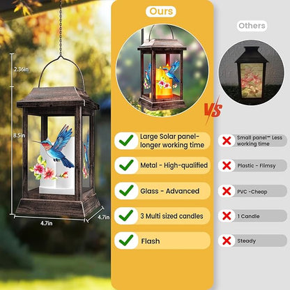Hummingbird Solar Lanterns Outdoor, Metal Glass Hanging Solar Lights, Gardening Gifts for Mom Women Mother's Day, Waterproof Garden Decor Decorative Lights for Outside Yard Porch Patio Decorations