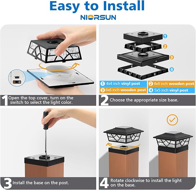 NIORSUN Solar Post Lights Outdoor 4 Pack, 2 Modes LED, Deck Fence Post Solar Lights for 3.5x3.5 4x4 5x5 5.5x5.5 Caps Patio Garden Decoration, Black