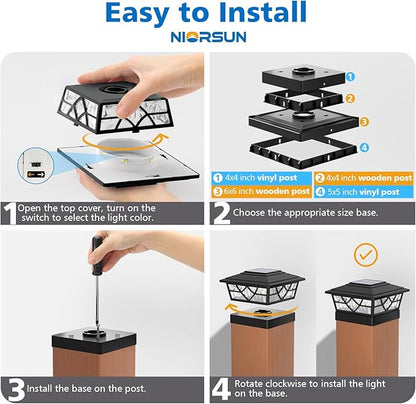 NIORSUN Solar Post Lights Outdoor 4 Pack, 2 Modes LED, Deck Fence Post Solar Lights for 3.5x3.5 4x4 5x5 5.5x5.5 Caps Patio Garden Decoration, Black
