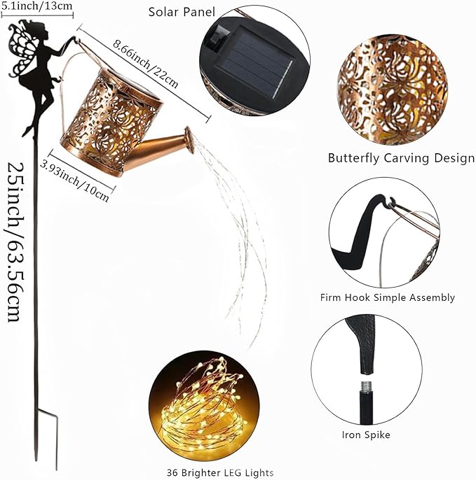 Solar Fairy Kettle Light,Solar Fairy Decorative Pile Light With Watering Can Decorative Metal Outdoor Decorations,IP65 waterproof chandelier landscape lamp,Suitable for Courtyard,Path,Lawn,Terrace