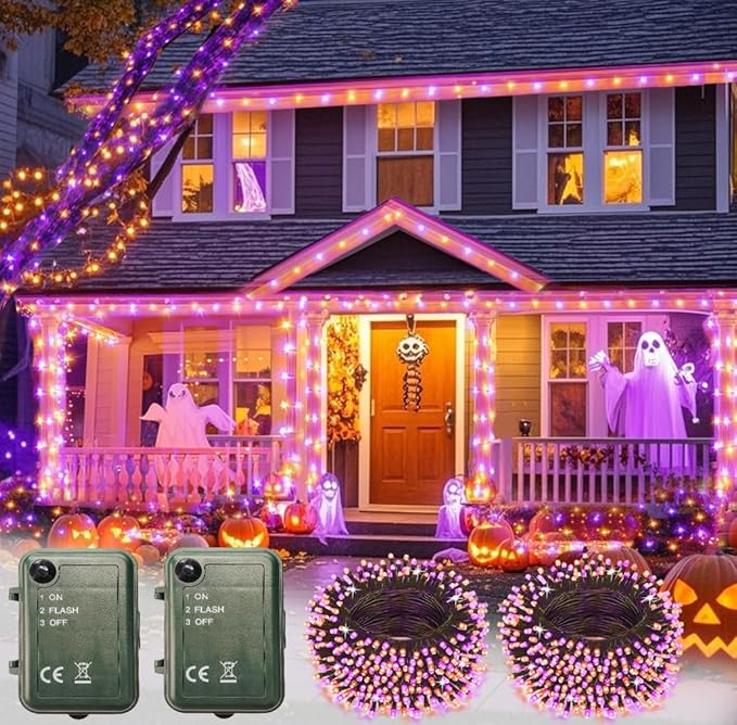 Pooqla Halloween Lights Battery Operated, Indoor Outdoor String Lights Total 200LED 16.6Ft*4, 50LED*4 Waterproof Fairy Lights for Halloween Decor, Orange and Purple, 4 Pack