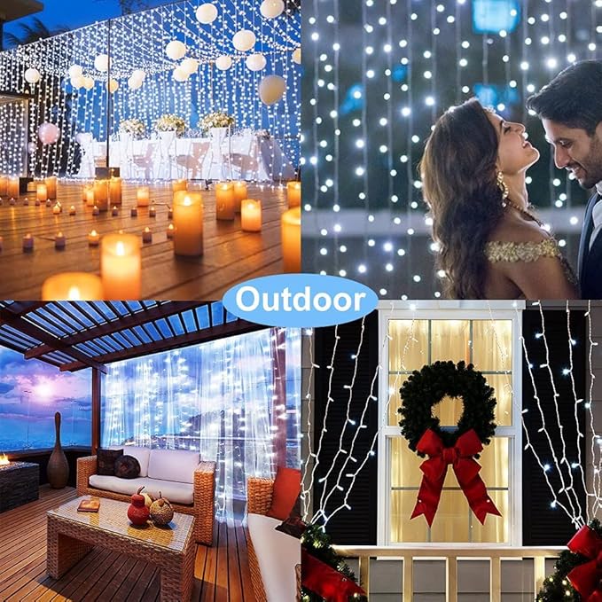 Solar Curtain Lights Outdoor Garden 300 LED Fairy String Lights 8 Modes Remote Control Waterproof Waterfall Lights for Gazebo Patio Home Festival Wedding Wall Christmas Decorations(White)