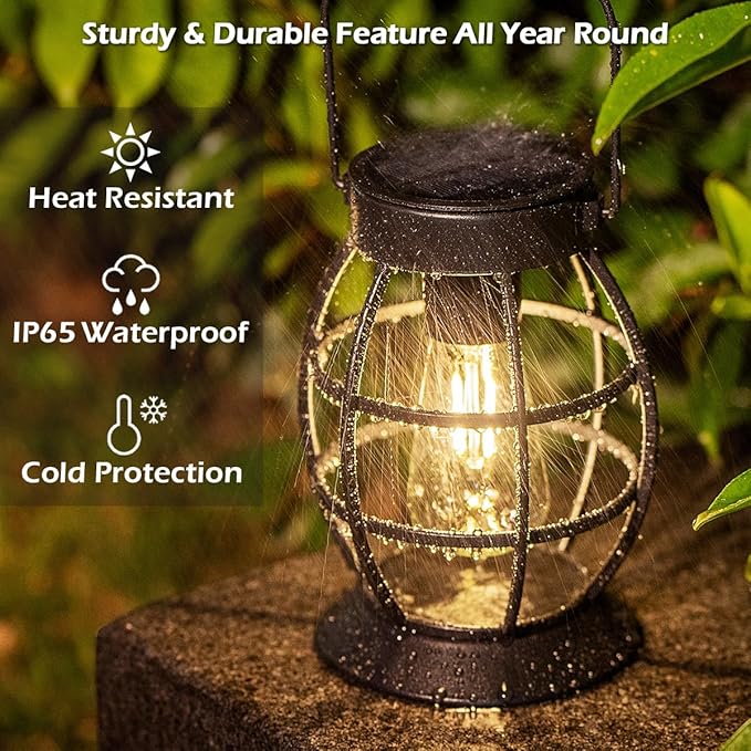 LeiDrail Solar Lantern Outdoor Hanging Solar Lights Metal LED Waterproof Christmas Lanterns Solar Powered Landscape Decor for Table Garden Yard Patio Pathway Porch 2 Pack