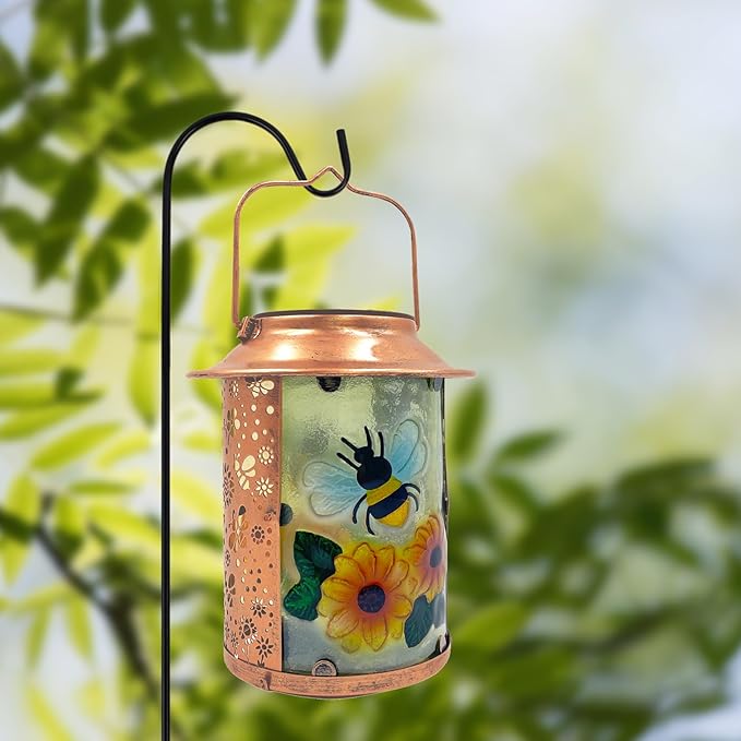 10" H Bee Solar Lanterns Outdoor, Metal Glass Hanging Solar Lanterns with Hollow Out Retro Bee Lights, Decorative for Garden Yard Patio Pathway Tabletop Gifts
