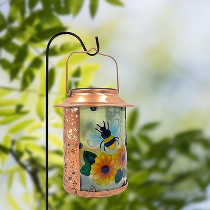 10" H Bee Solar Lanterns Outdoor, Metal Glass Hanging Solar Lanterns with Hollow Out Retro Bee Lights, Decorative for Garden Yard Patio Pathway Tabletop Gifts