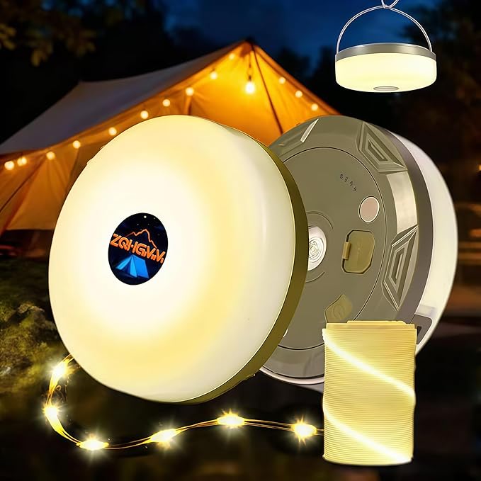Warm Camping String Lights, 32.8ft Rechargeable Retractable String Lights, Waterproof Indoor/Outdoor use, 8 Modes, 4-in-1 Quick Storage Portable Lamp, Suitable Camping, RVs, Parties, Christmas