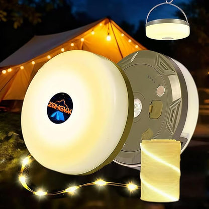 Warm Camping String Lights, 32.8ft Rechargeable Retractable String Lights, Waterproof Indoor/Outdoor use, 8 Modes, 4-in-1 Quick Storage Portable Lamp, Suitable Camping, RVs, Parties, Christmas