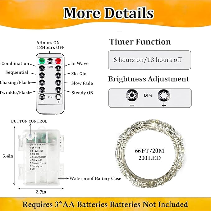 200 LED Christmas Twinkle Lights, 66ft Waterproof for Backyard