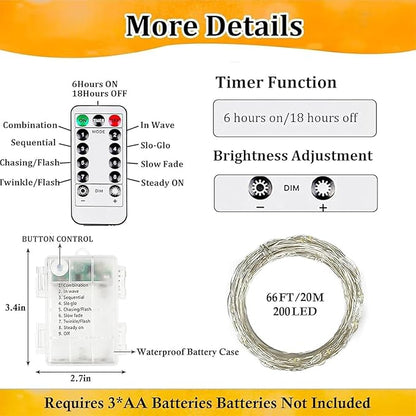 200 LED Christmas Twinkle Lights, 66ft Waterproof for Backyard