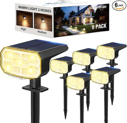 Solar Lights Outdoor Waterproof IP65, Super Bright LED, 3000K 2 Lighting Modes, Solar Powered Yard Garden Solar Spot Lights for Outside Landscape Auto On/Off -6 Pack