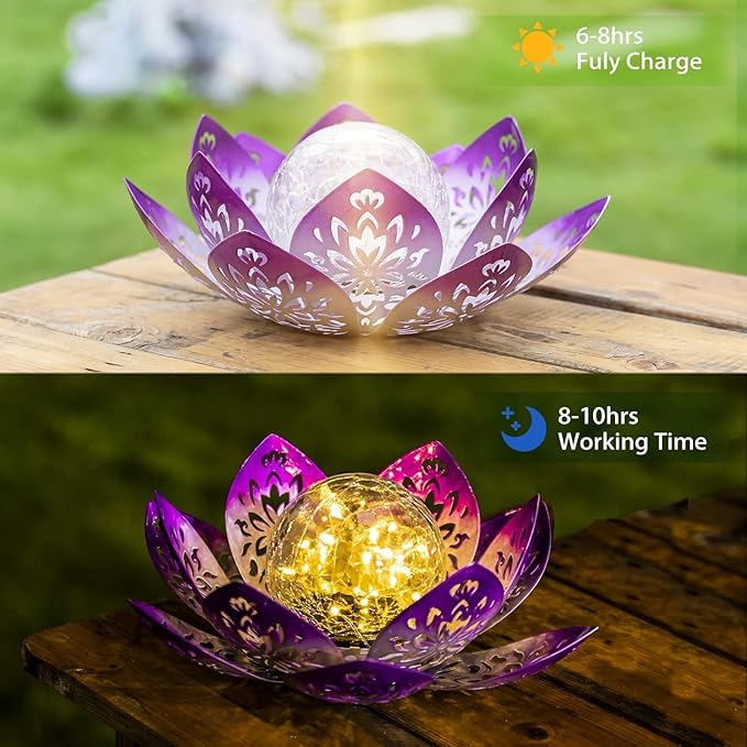 Huaxu Solar Lights Outdoor Decorative-Bright Purple Lotus Flower Table Lamp,Glass Globe 30 LED Waterproof Metal Decorations Gifts for Mom Women Garden Patio Pathway Yard Balcony Outside Decor