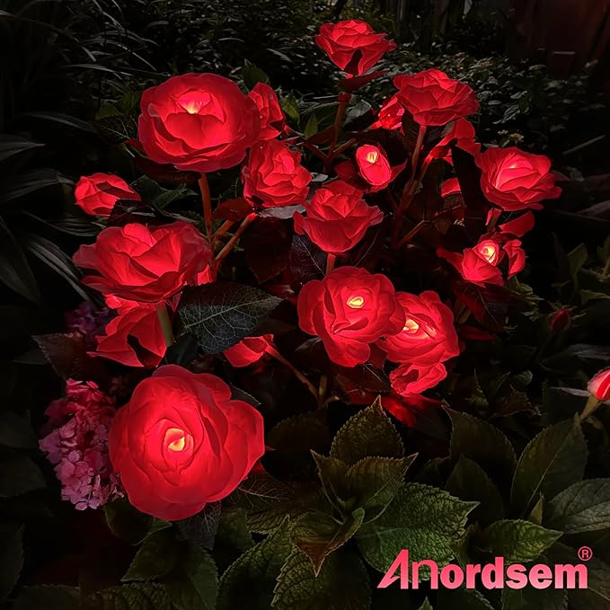 Anordsem Solar Garden Lights Outdoor: 10 Waterproof Fabric Roses 2 Pack - Red LED Flower Decorations for Yard Patio Path Cemetery Grave - Mother's Day Gifts for Her Women Mom Wife