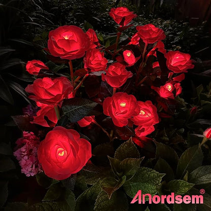 Anordsem Solar Garden Lights Outdoor: 10 Waterproof Fabric Roses 2 Pack - Red LED Flower Decorations for Yard Patio Path Cemetery Grave - Mother's Day Gifts for Her Women Mom Wife