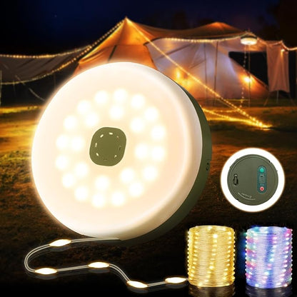 Camping String Lights, Camping Essentials Quick Storage 32.8FT Rechargeable Camping Lights String with 8 Modes, Hanging Waterproof Portable LED Lamp for Outdoor Patio Awning Garden Party Essentials